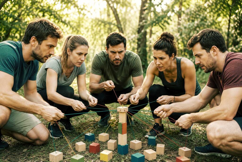 Equipo de trabajo en naturaleza realizando dinámica para mejorar la comunicación en el equipo a través de team building.