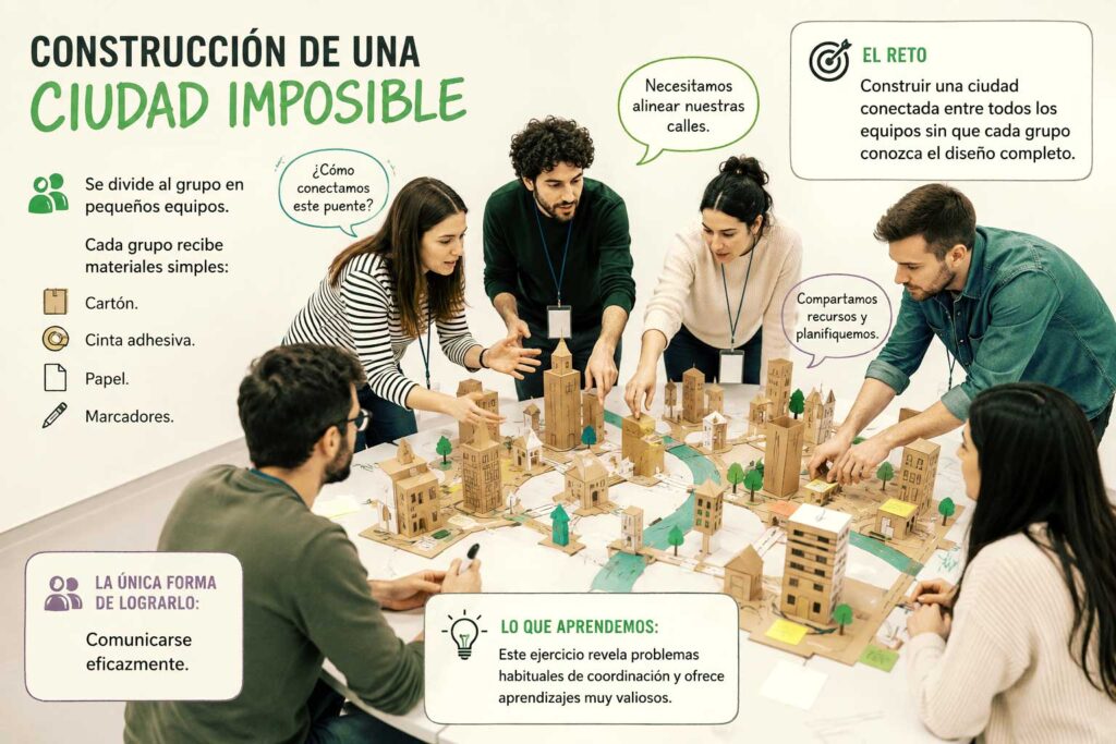 Equipo de personas afrontando desafío de construir una ciudad con elementos sencillos para mejorar la comunicación en el equipo.
