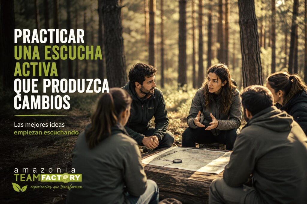 Equipo de empresa en programa en naturaleza para crear seguridad psicológica en el trabajo fomentando la escucha activa para crear equipos de alto rendimiento.