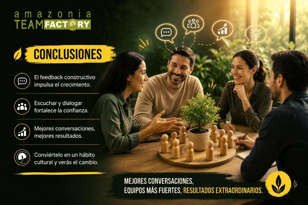 Grupo de personas de empresa sacando conclusiones sobre el feedback constructivo.